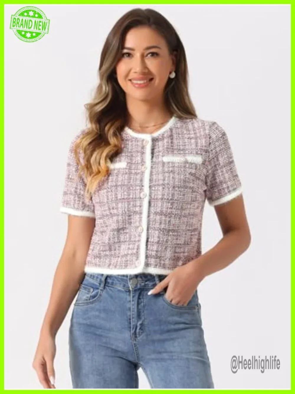 Short Sleeve Tweed Cropped Cardigan with Pearl Buttons